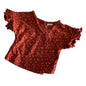 Baby Berry Age 0000 short sleeve flutter sleeve top in rust red, white with scattered polka dots, frill/ruffle sleeve trim — gently loved condition.