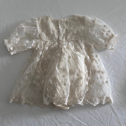 Ruffle Sleeve Lace Overlay Dress Baby Age 0 Cream Floral Embroidery