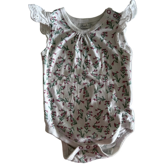 Sapling Age 0 short sleeve flutter sleeve bodysuit in white, pink, green with floral print with small pink blooms and green stems, white broderie anglaise flutter sleeves — gently loved condition.