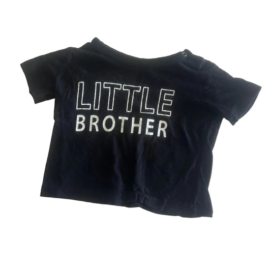 Baby Berry Age 0 short sleeve t-shirt in black with graphic text print - 'little brother' in white lettering — gently loved condition.