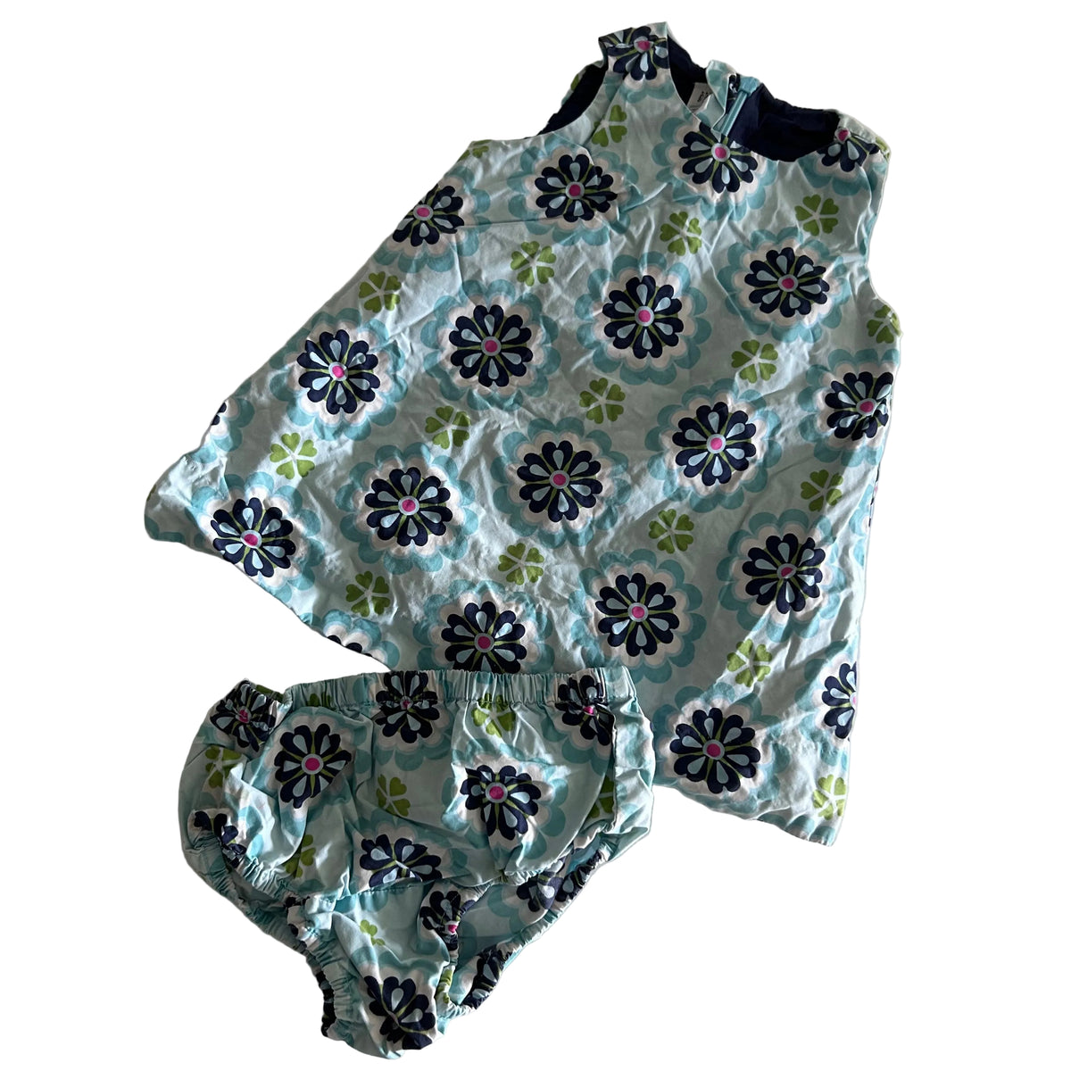 Gap Age 0 sleeveless dress and bloomers set in light blue, navy, white, green, pink with retro floral print — gently loved condition.