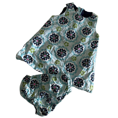 Gap Age 0 sleeveless dress and bloomers set in light blue, navy, white, green, pink with retro floral print — gently loved condition.