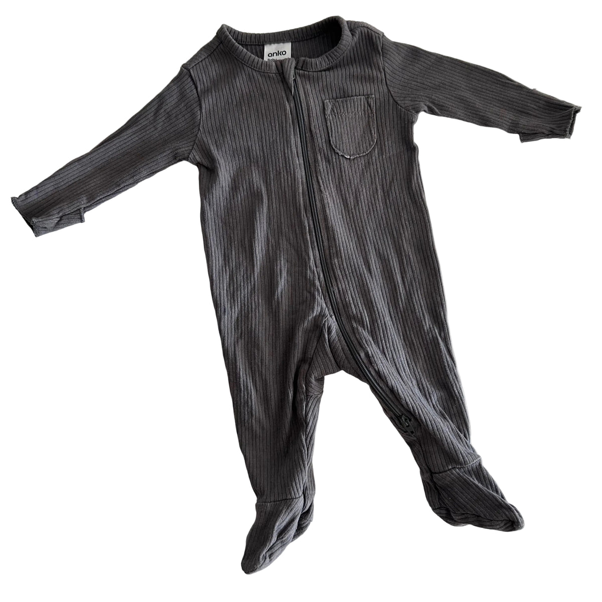 Anko Age 0000 long sleeve zip footed onesie in charcoal grey with ribbed texture — gently loved condition.