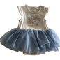 Peter Rabbit Age 00 sleeveless tutu romper dress in white and light blue with floral print with peter rabbit character graphic — gently loved condition.