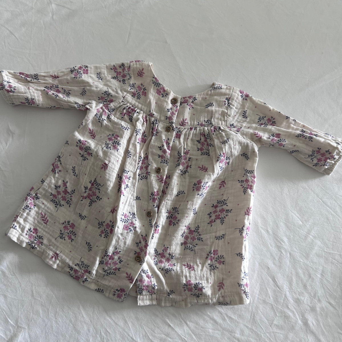 Purebaby Long Sleeved Smocked Dress Baby Age 0 Cream and Pink Floral Print