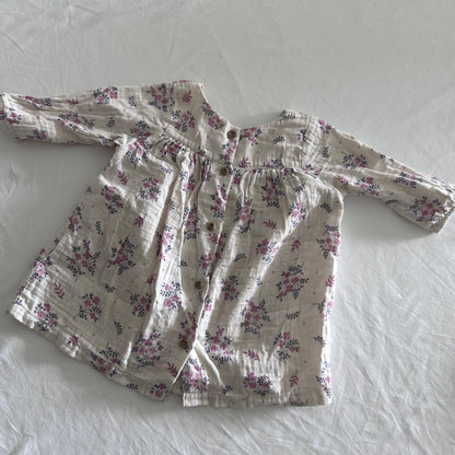 Purebaby Long Sleeved Smocked Dress Baby Age 0 Cream and Pink Floral Print