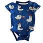 Jack & Milly Age 000 short sleeve bodysuit in royal blue, white, yellow, red with cartoon seagulls with crabs and drink cups allover print — gently loved condition.