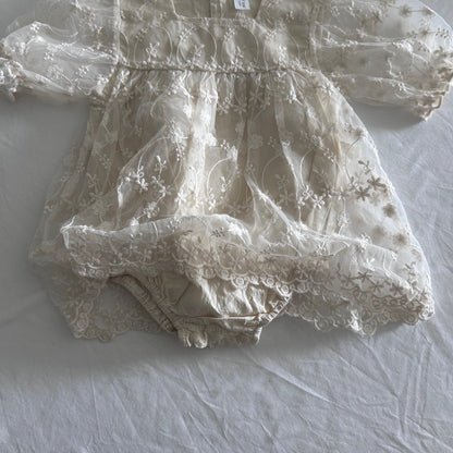 Ruffle Sleeve Lace Overlay Dress Baby Age 0 Cream Floral Embroidery