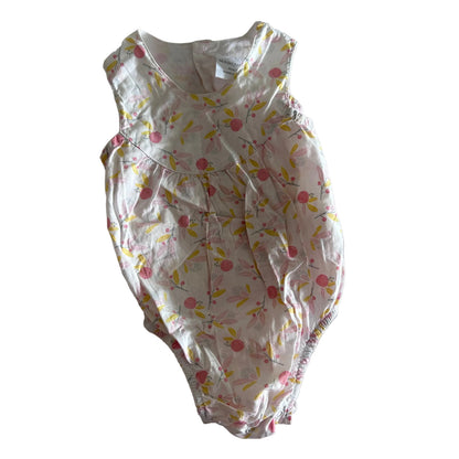 Marquise Age 00 sleeveless bodysuit in white, pink, yellow, grey with floral print with pink berries, yellow leaves and grey branches — gently loved condition.