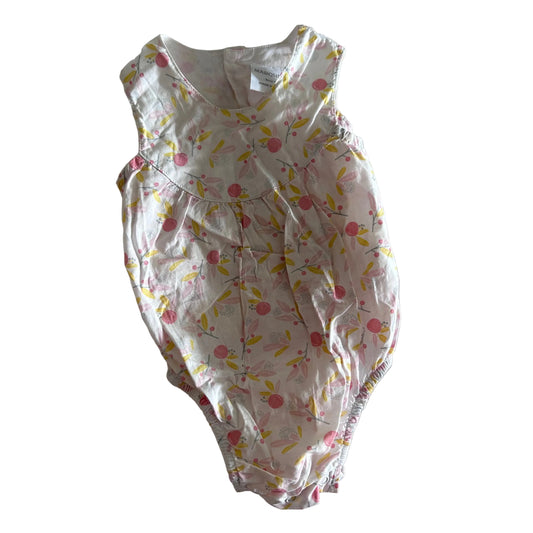 Marquise Age 00 sleeveless bodysuit in white, pink, yellow, grey with floral print with pink berries, yellow leaves and grey branches — gently loved condition.