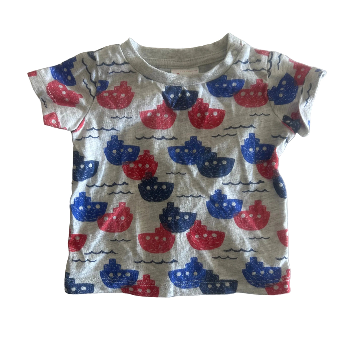 Sprout Age 000 short sleeve t-shirt in grey, red, blue, white with all-over tugboat/boat print with wave details — gently loved condition.