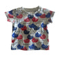 Sprout Age 000 short sleeve t-shirt in grey, red, blue, white with all-over tugboat/boat print with wave details — gently loved condition.