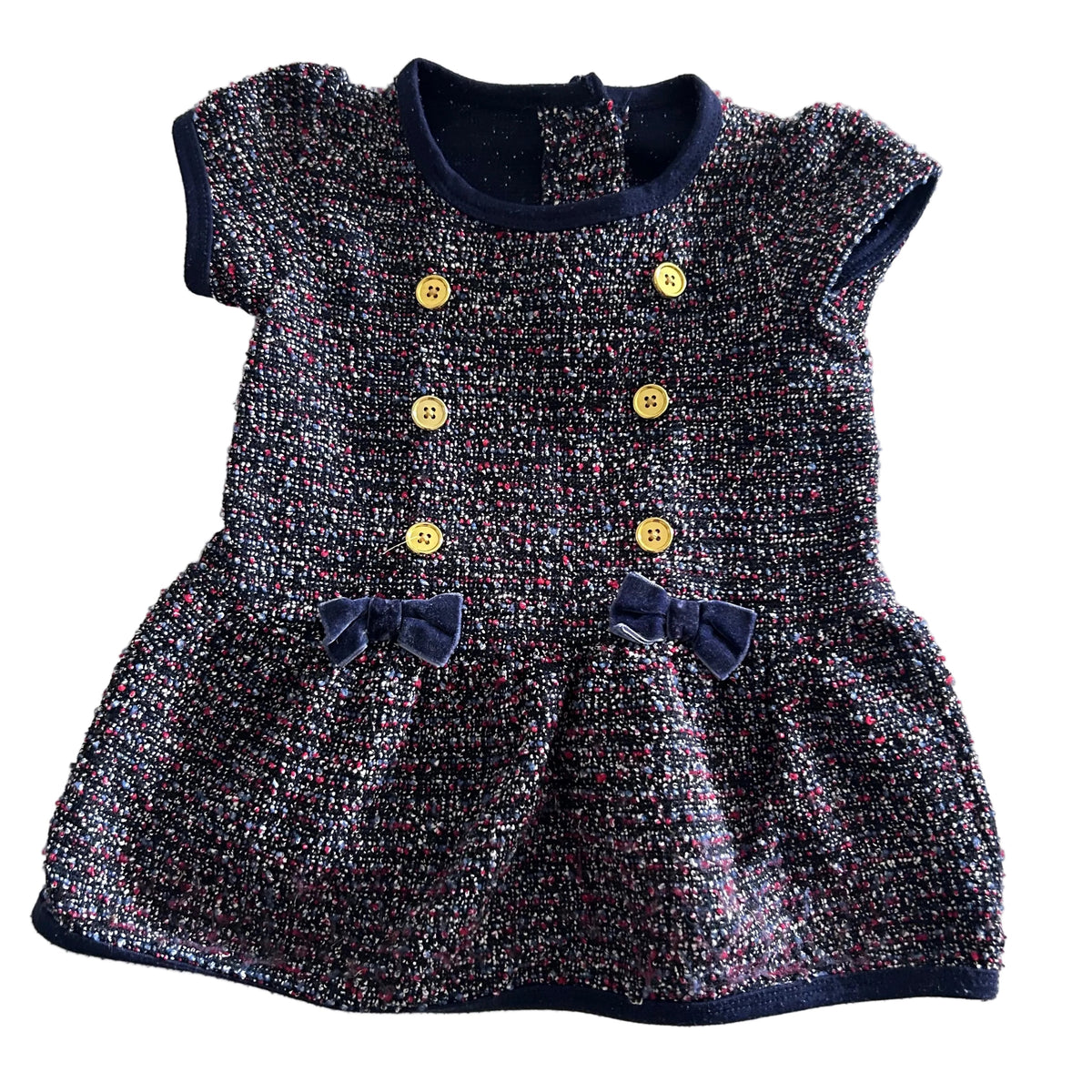 Age 0 short sleeve tweed dress in navy, red, white, silver with boucle/tweed multicolour fleck, double-breasted gold buttons, navy velvet bow trim, ruffled sleeves — gently loved condition.