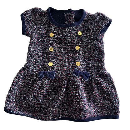 Age 0 short sleeve tweed dress in navy, red, white, silver with boucle/tweed multicolour fleck, double-breasted gold buttons, navy velvet bow trim, ruffled sleeves — gently loved condition.