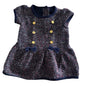Age 0 short sleeve tweed dress in navy, red, white, silver with boucle/tweed multicolour fleck, double-breasted gold buttons, navy velvet bow trim, ruffled sleeves — gently loved condition.