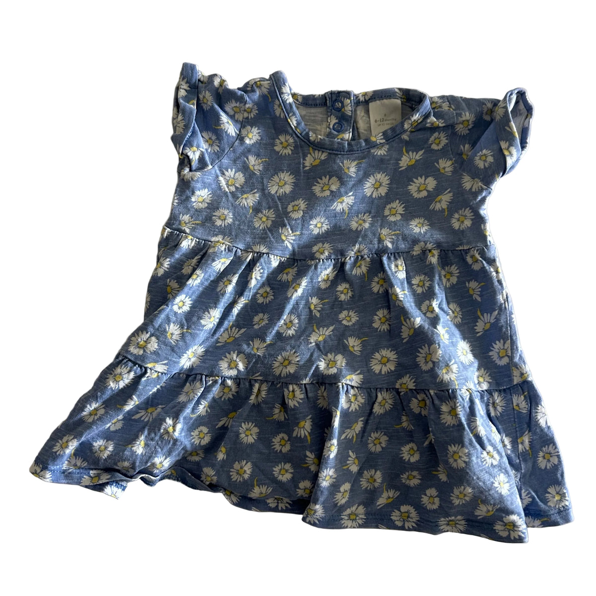 Target (estimated) Age 0 tiered ruffle dress in blue, white, yellow with daisy floral print — gently loved condition.