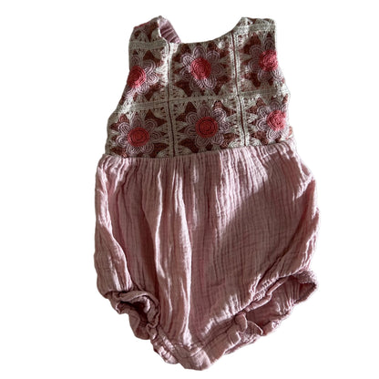 Jack & Milly Age 0 sleeveless romper in pink, coral, cream, brown with embroidered floral yoke with crochet-style flower motif, plain muslin lower body — gently loved condition.