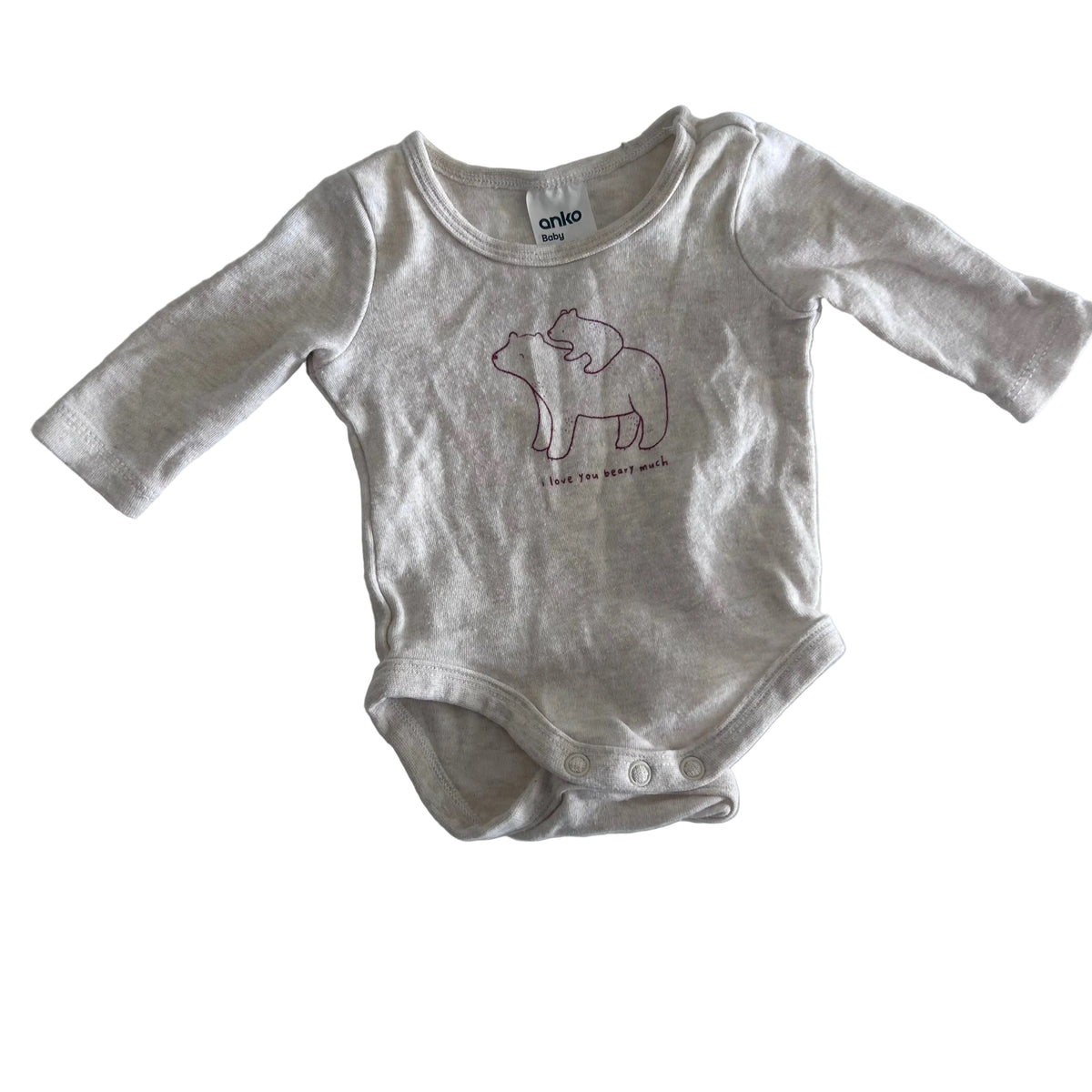 Anko Age 0000 long sleeved bodysuit in cream/oatmeal with bear outline print with text 'i love you beary much' — gently loved condition.