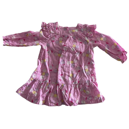 Sprout Age 0 long sleeved ruffle collar dress in pink, white, yellow, grey with floral circles with sun motifs and small bird/butterfly prints — gently loved condition.