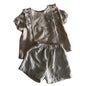 Gemo Age 0 short sleeve top and shorts set in beige, white with plain top with ruffle trim and bow detail, striped shorts — gently loved condition.