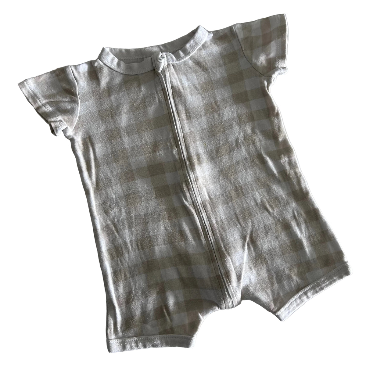 Baby Berry Age 1 short sleeve zip romper in white and beige with buffalo check / gingham — gently loved condition.