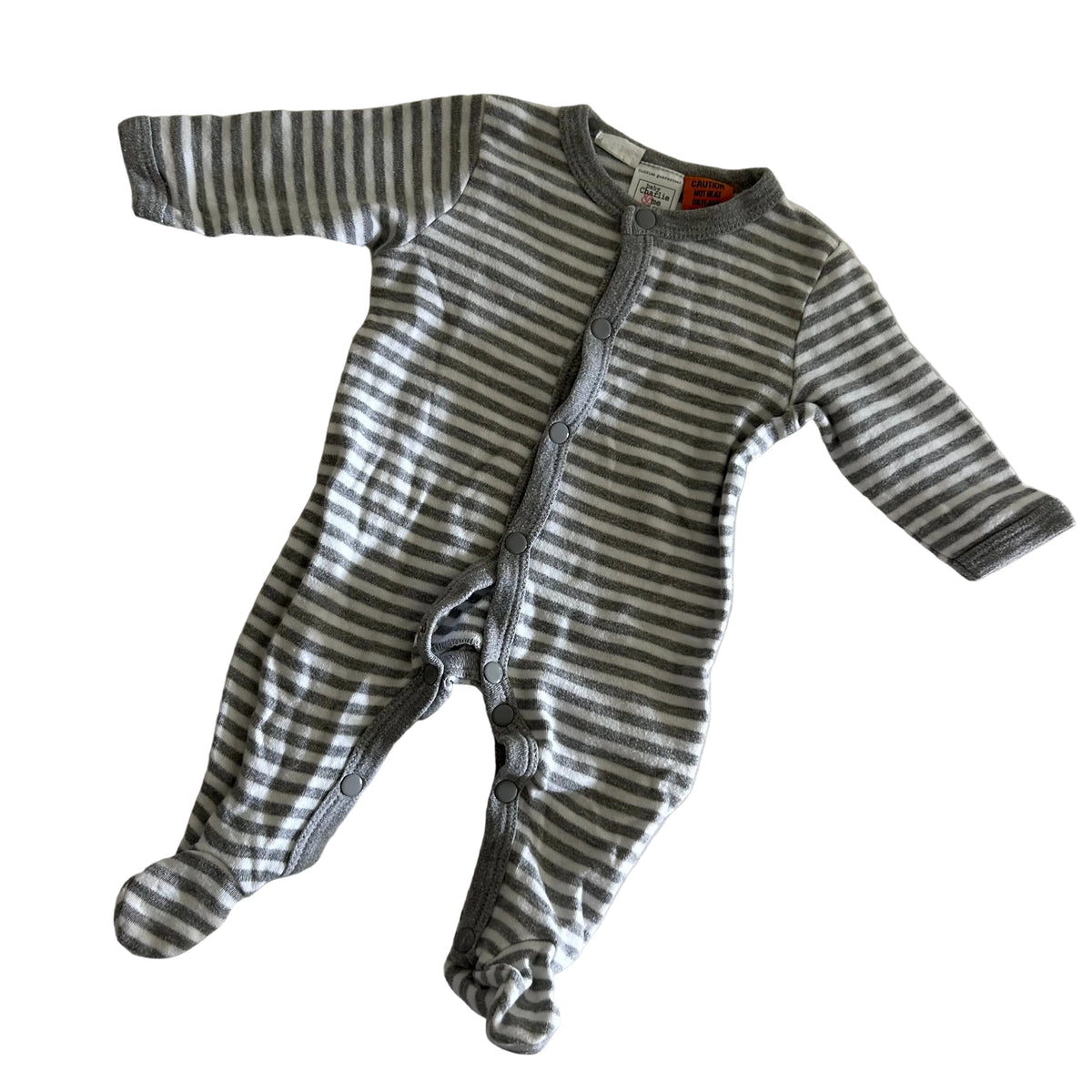 Baby Charlie & me Age 0000 long sleeve footed onesie / sleepsuit with snap buttons in grey and white with horizontal stripes — gently loved condition.