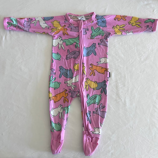 Bonds Age 00 long sleeved zip onesie / wondersuit in pink with multicoloured bunny rabbit all-over print â€” gently loved condition.