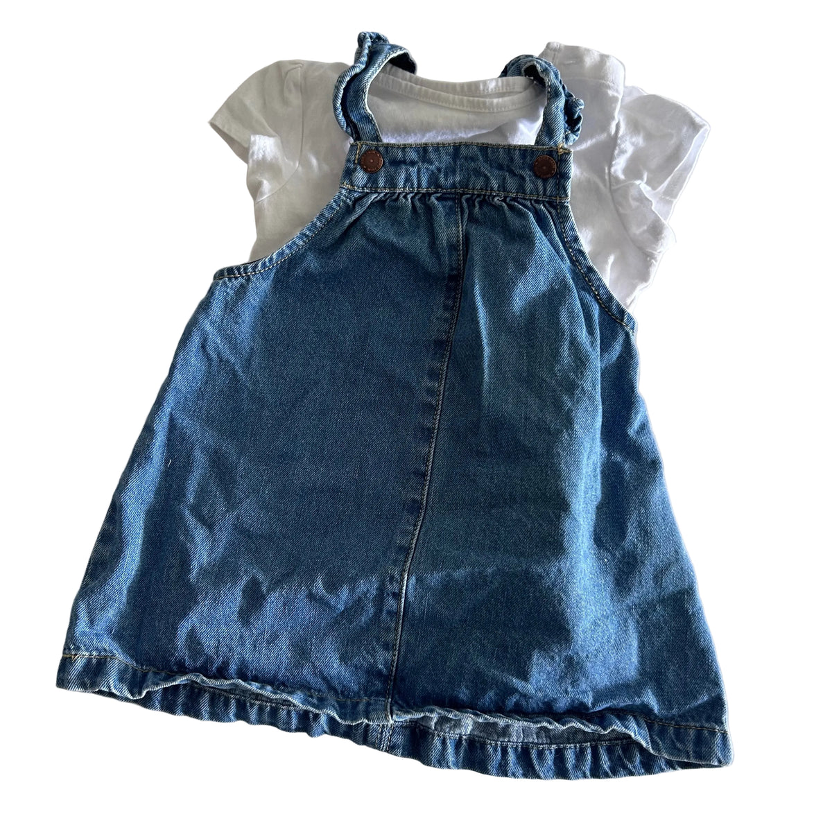 Kiabi Age 1 denim pinafore dress with white short sleeve t-shirt set in blue denim, white with ruffle trim straps and hem, centre seam detail, embroidered 'passion bisous' text on t-shirt — like new condition.