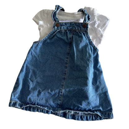 Kiabi Age 1 denim pinafore dress with white short sleeve t-shirt set in blue denim, white with ruffle trim straps and hem, centre seam detail, embroidered 'passion bisous' text on t-shirt — like new condition.