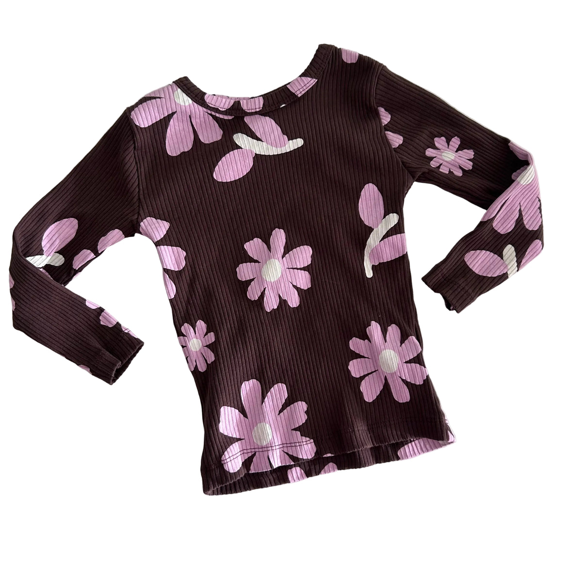 Mini Mango Age 2 long sleeved ribbed top in dark brown, pink, white with large daisy floral print — like new condition.