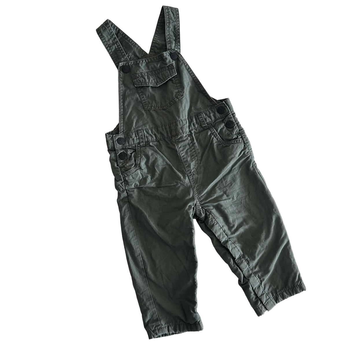 Dymples Age 0 overalls / dungarees in olive green with plain with button fastenings and chest pocket — gently loved condition.