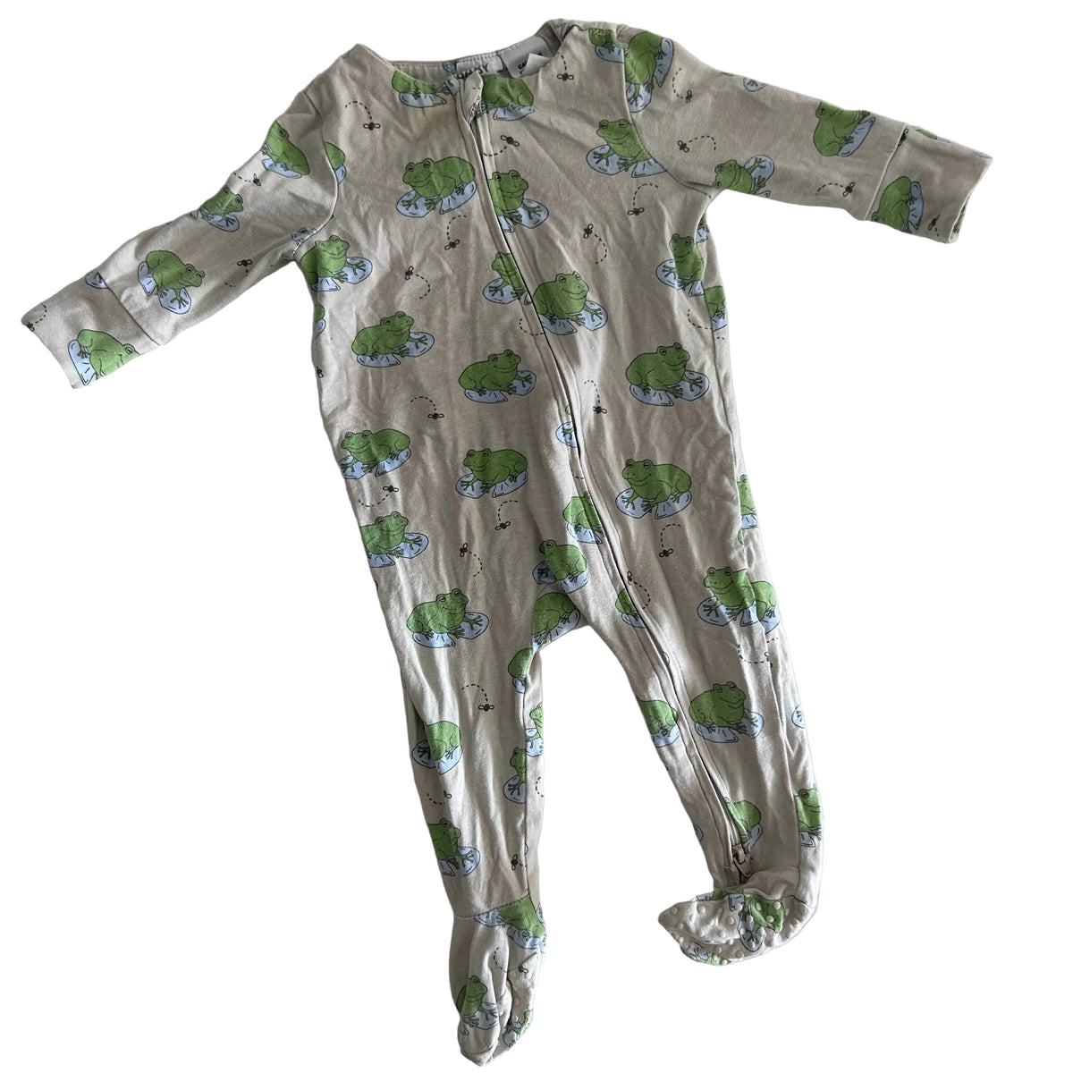 Cotton On Age 00 long sleeve zip footed onesie in beige, green, blue with frogs on lily pads with flies — gently loved condition.