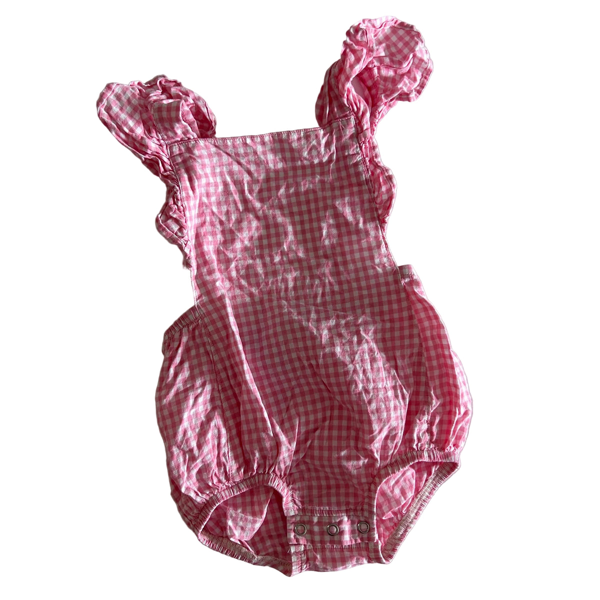 Baby Berry Age 0 sleeveless bubble romper in pink and white with gingham check with frill/ruffle straps — gently loved condition.