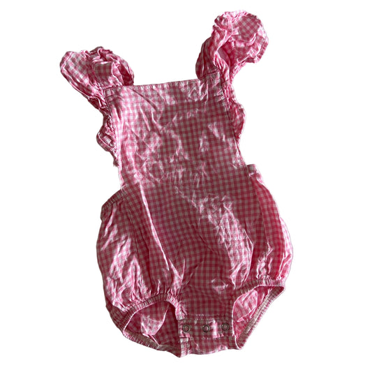 Baby Berry Age 0 sleeveless bubble romper in pink and white with gingham check with frill/ruffle straps — gently loved condition.