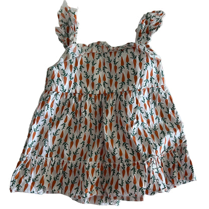 Mini Kids Age 7 sleeveless tiered ruffle top in white, orange, green with allover carrot print — gently loved condition.