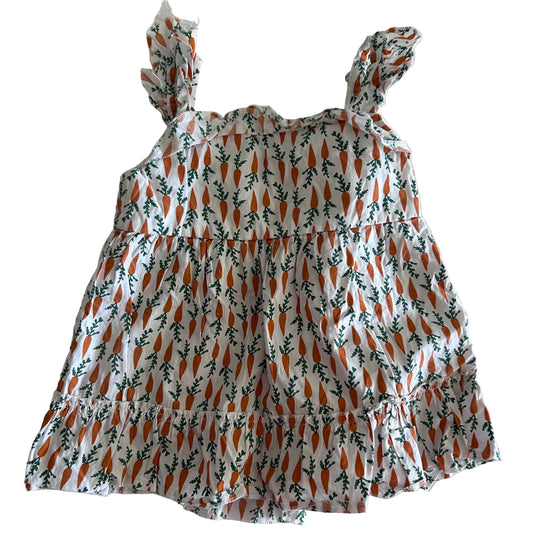 Mini Kids Age 7 sleeveless tiered ruffle top in white, orange, green with allover carrot print — gently loved condition.