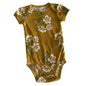 Carter's Age 0 short sleeve bodysuit in mustard yellow, white, green, pink with floral print with white flowers, green leaves, and pink accents — gently loved condition.