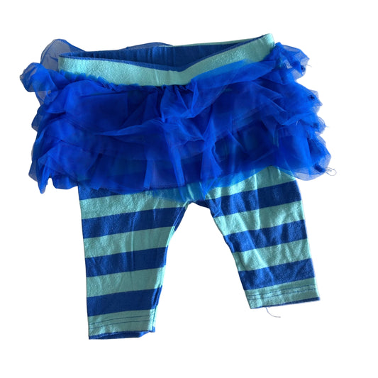 Cotton On Age 1 tutu skirt with striped leggings underneath in royal blue, aqua/mint with bold vertical stripes on waistband, layered tulle skirt — gently loved condition.