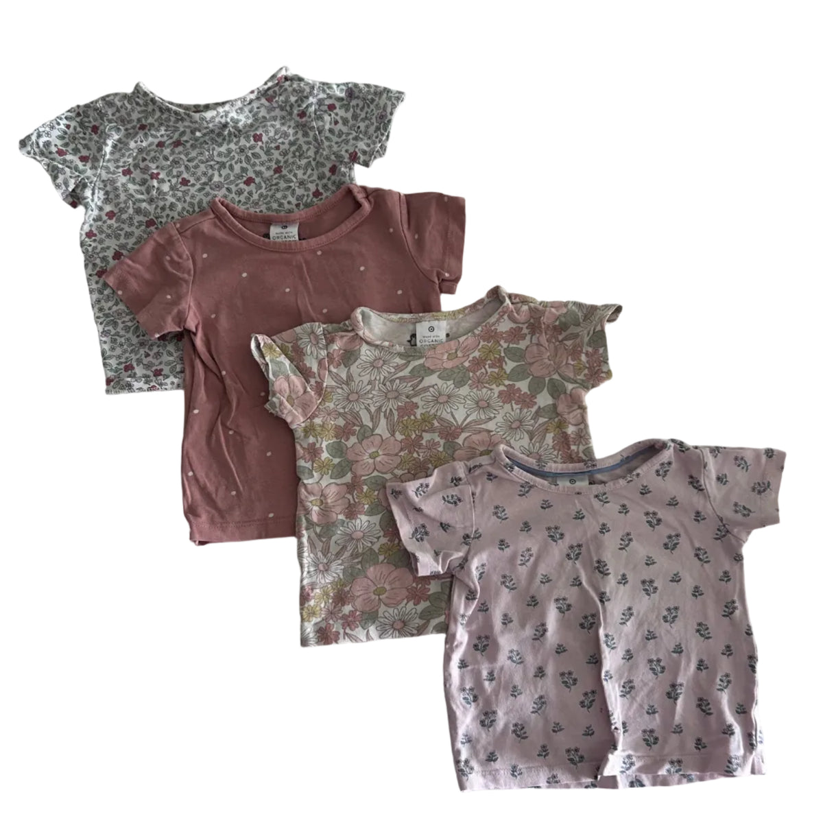 Target Age 00 short sleeve top in pink, white, mauve, green, yellow with floral print (daisies and large blooms) — well loved condition.