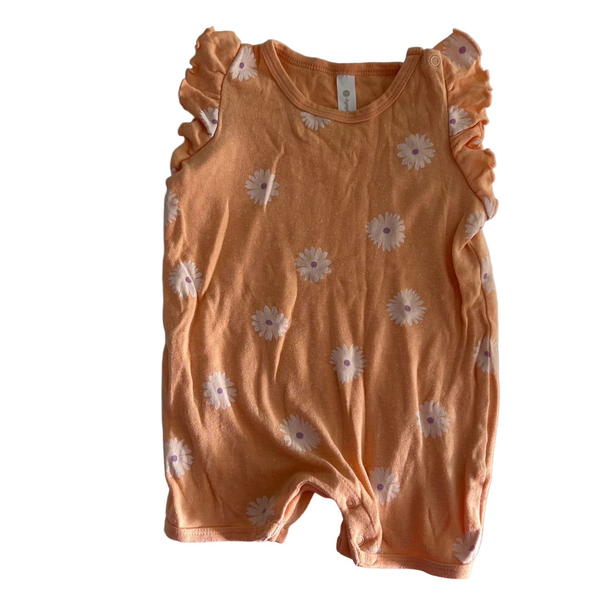 Dymples Age 0 sleeveless flutter sleeve romper in peach/orange, white, purple with daisy floral print — gently loved condition.
