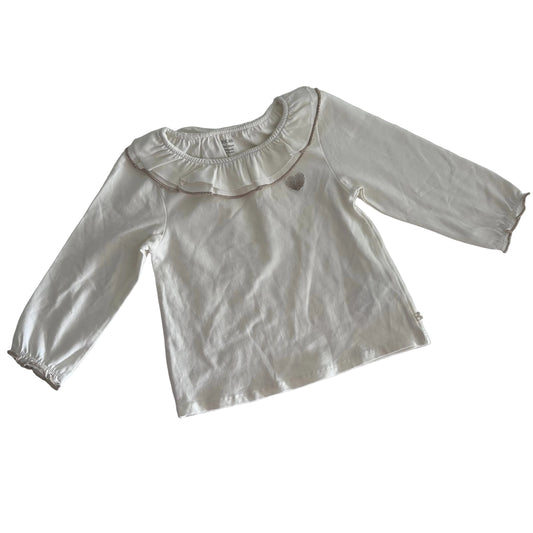 Obaïbi Age 2 long sleeved ruffle collar top in white with gold/taupe embroidery detail with ruffle collar with metallic trim and small embroidered seashell motif — like new condition.