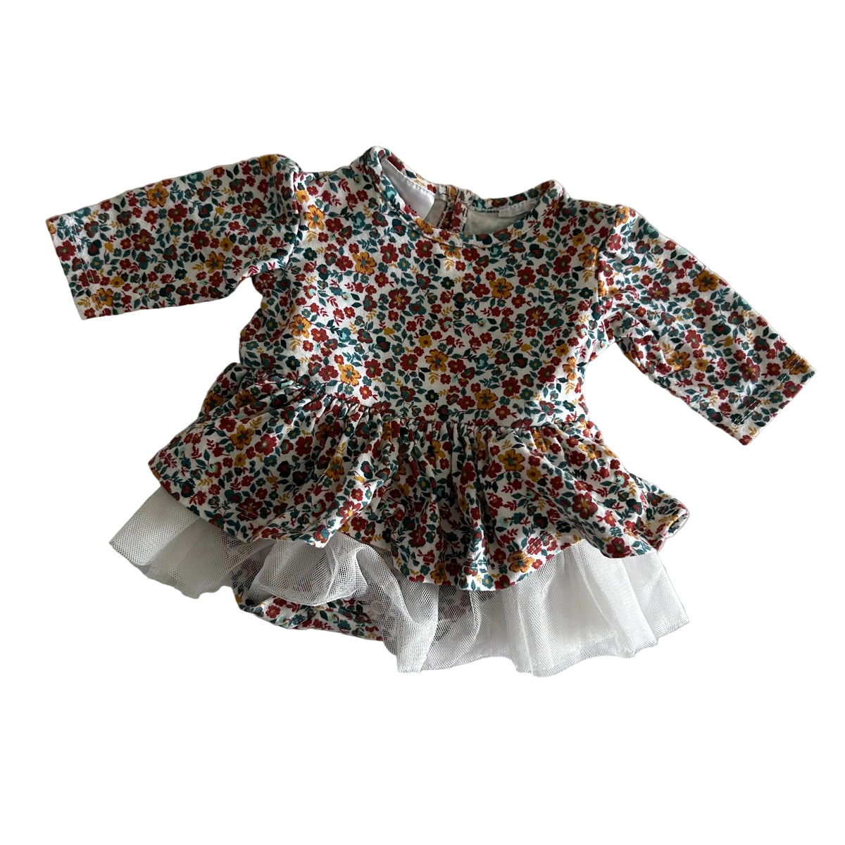 Baby Baby Age 0000 long sleeve floral romper dress with tulle skirt in white, red, teal, mustard yellow with ditsy floral print with tulle ruffle hem — gently loved condition.
