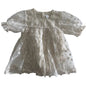 Unknown (no label) Age 0 ruffle sleeve lace overlay dress, snap crotch romper in cream/ivory with floral embroidery on sheer lace overlay with scalloped edges — gently loved condition.