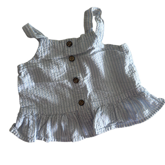 Dymples Age 2 sleeveless top with tie straps and ruffle hem in light blue and white with seersucker stripe with decorative brown buttons — gently loved condition.