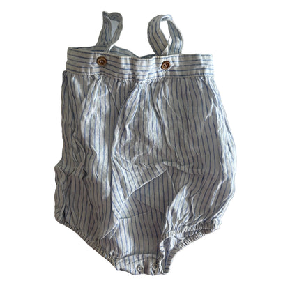 Seed Heritage Age 00 sleeveless bodysuit in white and blue with vertical pinstripe — gently loved condition.
