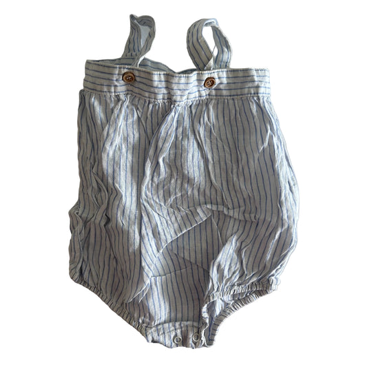 Seed Heritage Age 00 sleeveless bodysuit in white and blue with vertical pinstripe — gently loved condition.