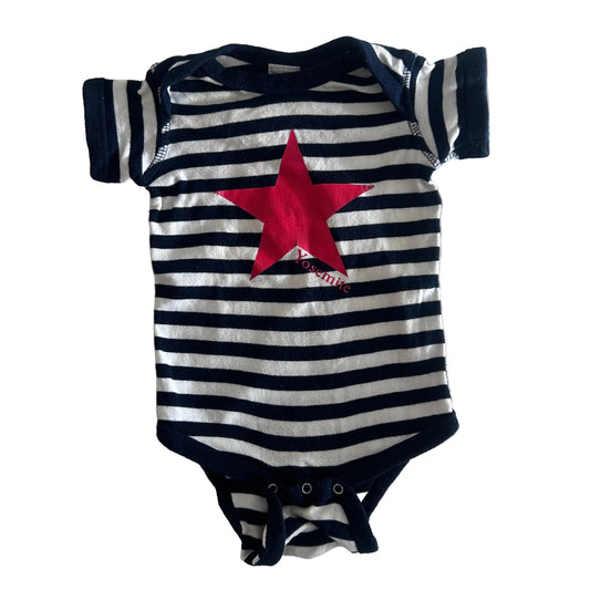 Lighthouse Apparel 00 (estimated) short sleeve bodysuit in navy, white, red with horizontal stripes with large red star graphic and 'yosemite' text — gently loved condition.