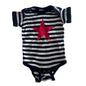 Lighthouse Apparel 00 (estimated) short sleeve bodysuit in navy, white, red with horizontal stripes with large red star graphic and 'yosemite' text — gently loved condition.