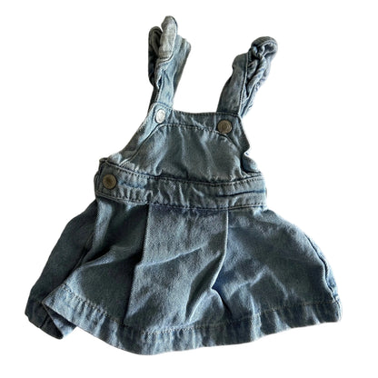 Baby Berry Age 0000 denim overall skirt dress in light blue with floral print lining inside — gently loved condition.