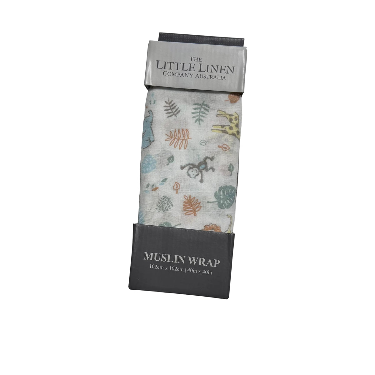 The Little Linen Company 000, 00, 0 - ideal for a range of baby ages muslin wrap in white with multicolour print with jungle animals and tropical leaves — elephants, giraffes, monkeys, ferns, monstera leaves in green, orange, yellow, blue — new condition.